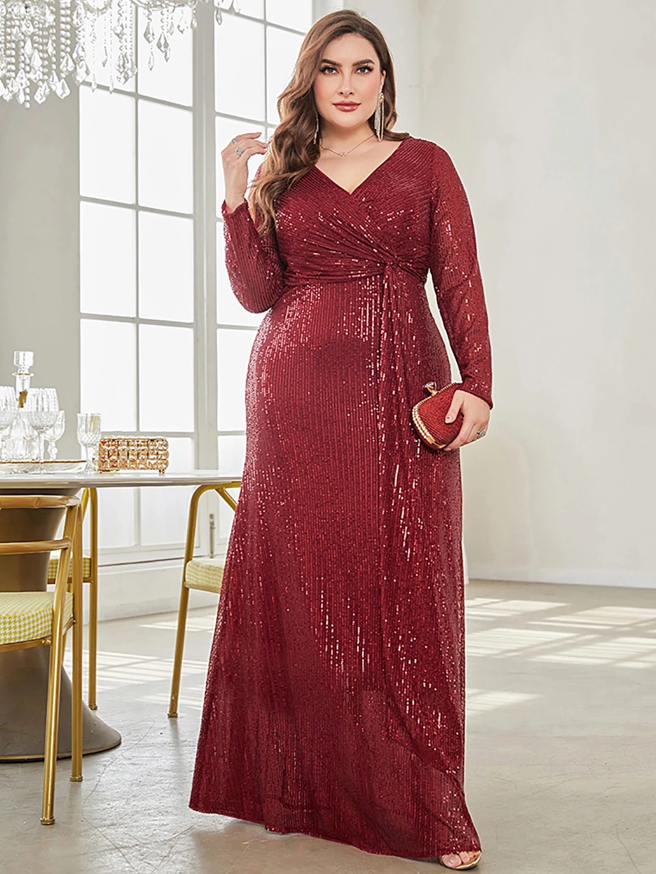 XUIBOL Glamorous sequin party dress with a luxurious V-neck and long sleeves evening gown.