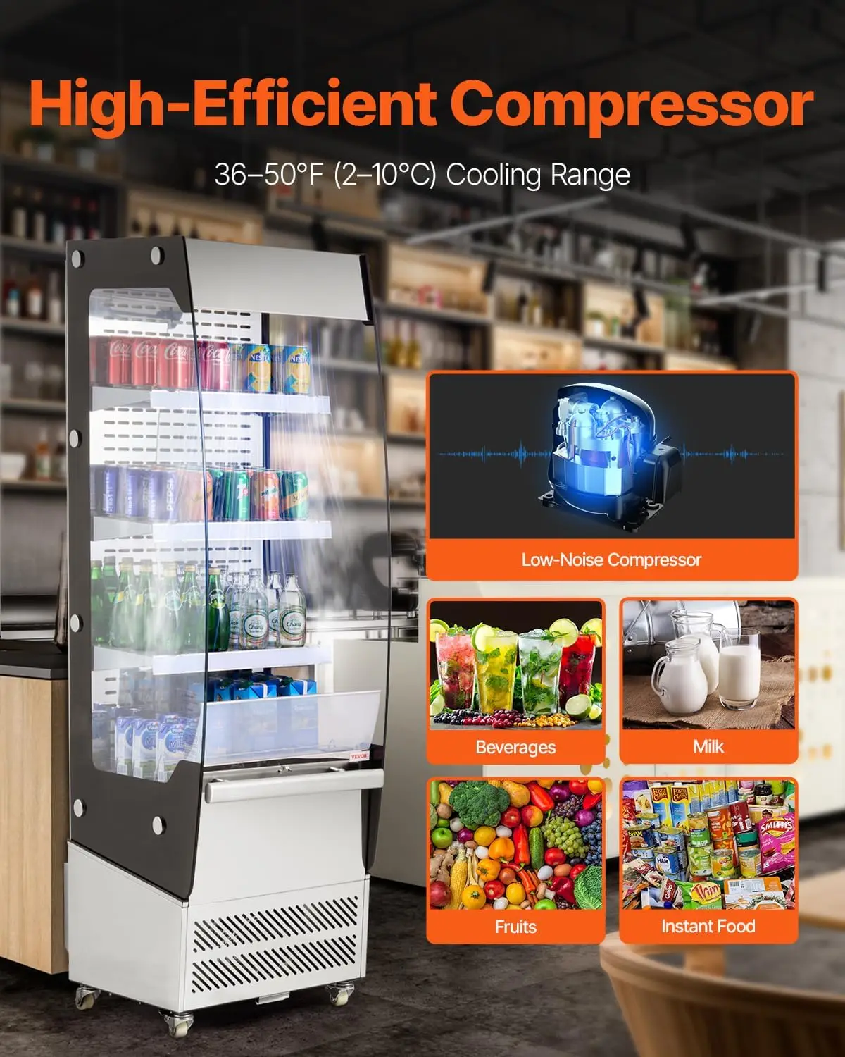 Open Air Merchandiser, 3-Tier Shelving Commercial Refrigerator, Grab and Go Display Cooler Refrigerator with Air Curtain, 4 Swiv