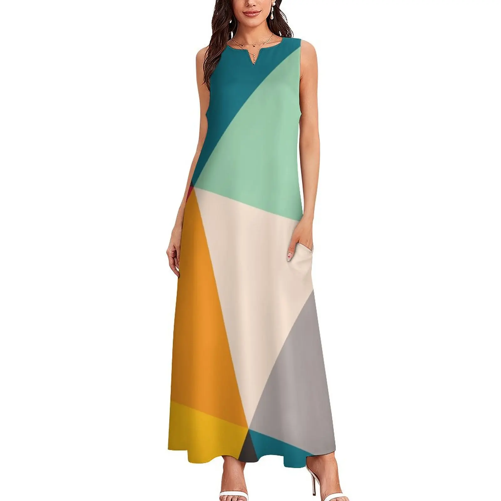 مثلثات هندسية ملونة (2012) فستان طويل ملابس حفلة موسيقية ملابس نسائية صيفية أطقم نسائية أنيقة فستان #2