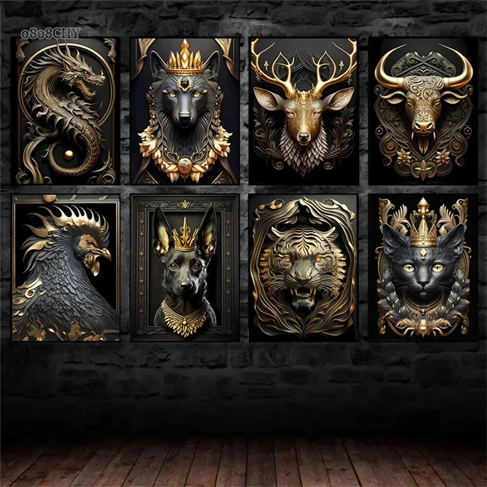 Schwarzgoldene Metall-Tier-Wandkunst Leinwandgemälde König Löwe Drache Tiger Hund Poster Drucke Bilder für Moderne Wohnzimmerdekoration