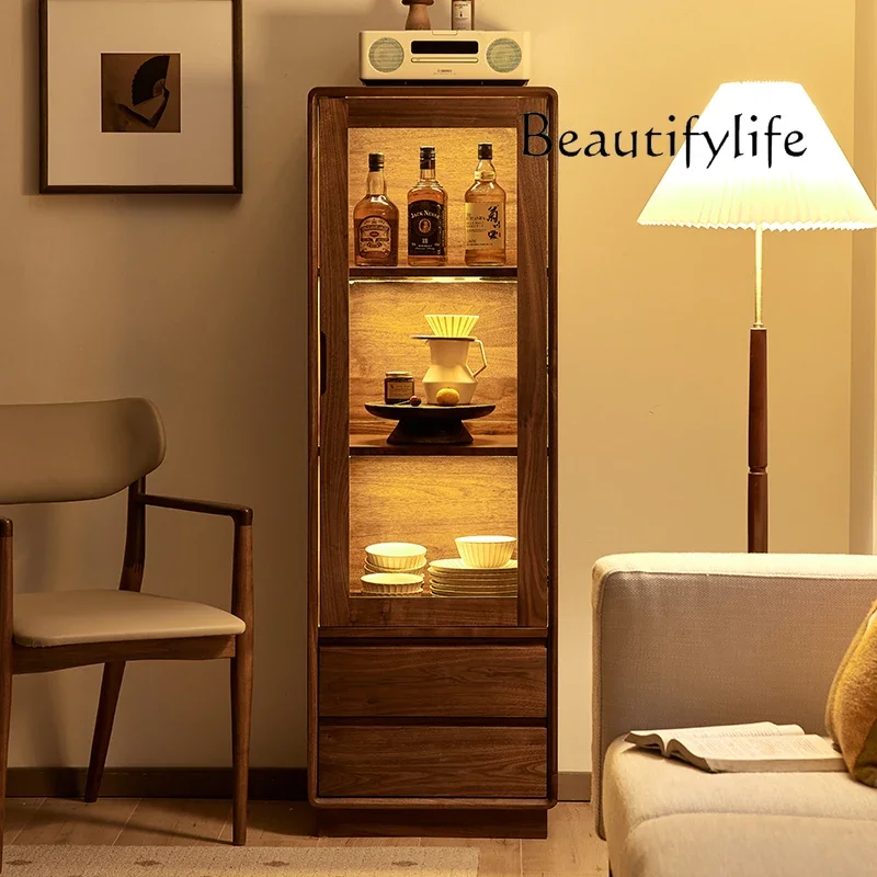 

ls 42Nordic black walnut wine cabinet simple solid wood home living room glass display locker