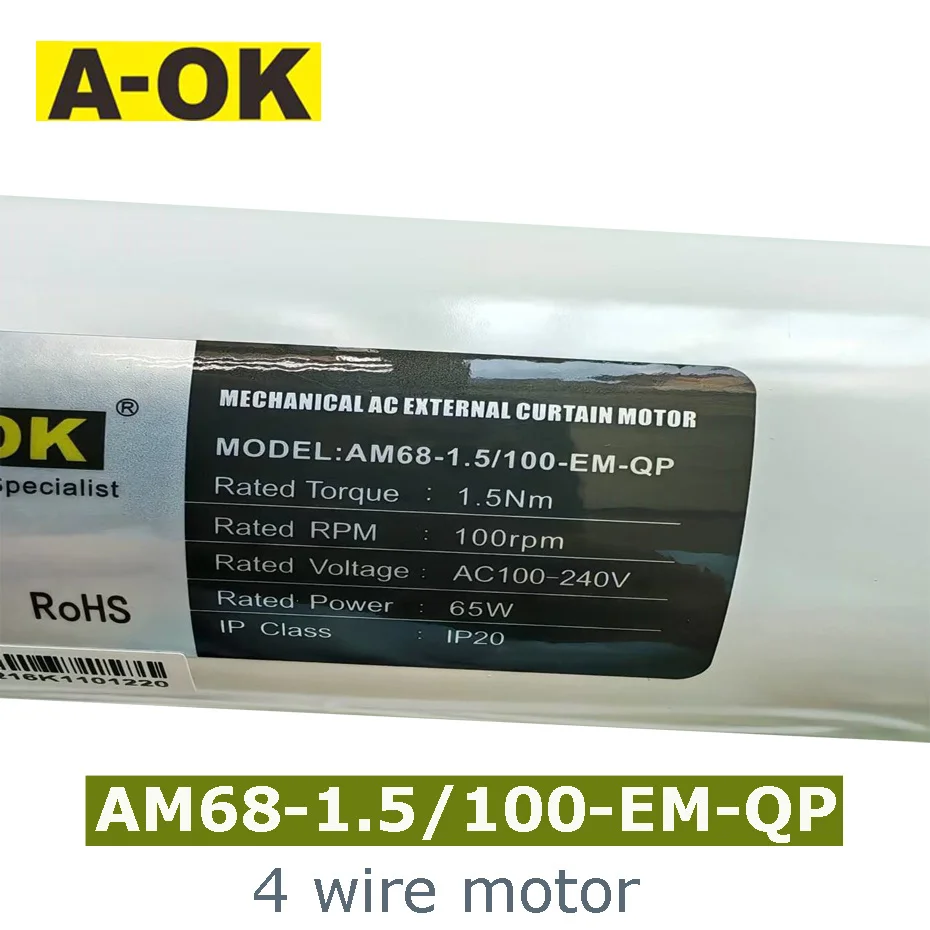 

A-OK AM68 1.5N 65W 4 Wire Curtain Motor,Wall Switch/485 Control/Dry Contact Control,100-240V 50/60HZ,Smart Quiet Curtain Motor