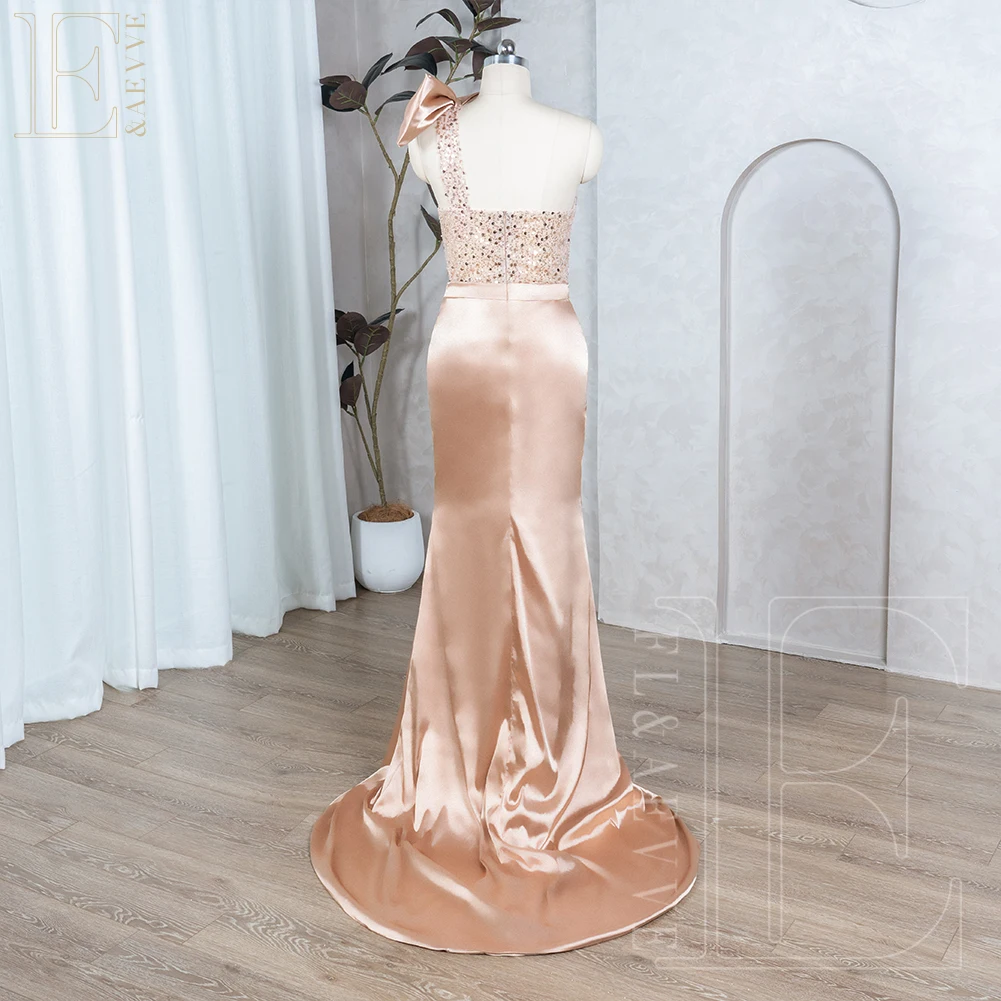 BEBEKEY Customized Champagne Satin Bridesmaid Dresses Glitter Beaded Wedding Party Dress for Women One Shoulder Elegant Gowns