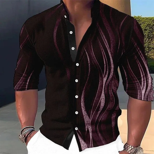 Chemise à boutonnage simple pour hommes, style personnalisé, coupe cintrée, col montant, manches longues, pour la plage, MB1