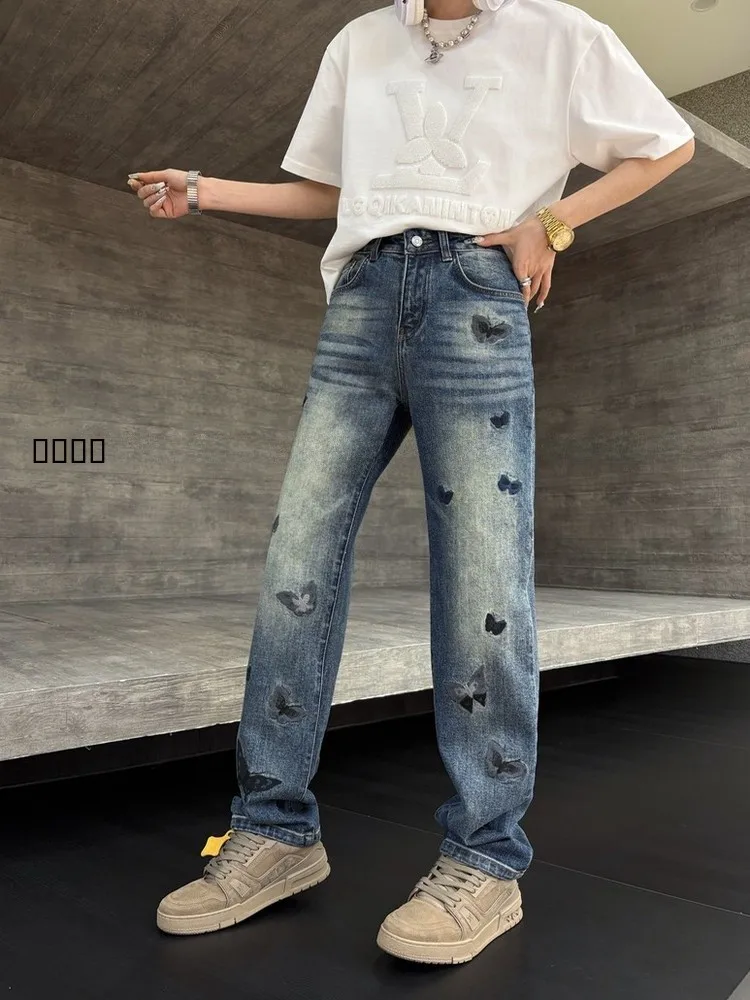 

Элитные джинсы прямого кроя с вышивкой, синие, с эффектом потертости, для мужчин и женщин, роскошные длинные брюки, осень-зима