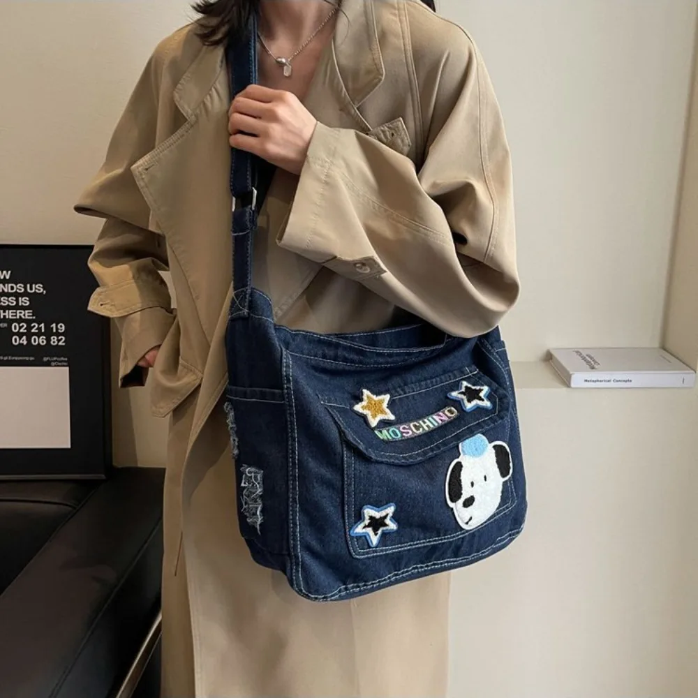 Cartoon Embroidery Denim Canvas Shoulder Bag Handbag Casual Messenger Bag Daily Commuting Bag Large Capacity Travel Totes Bag