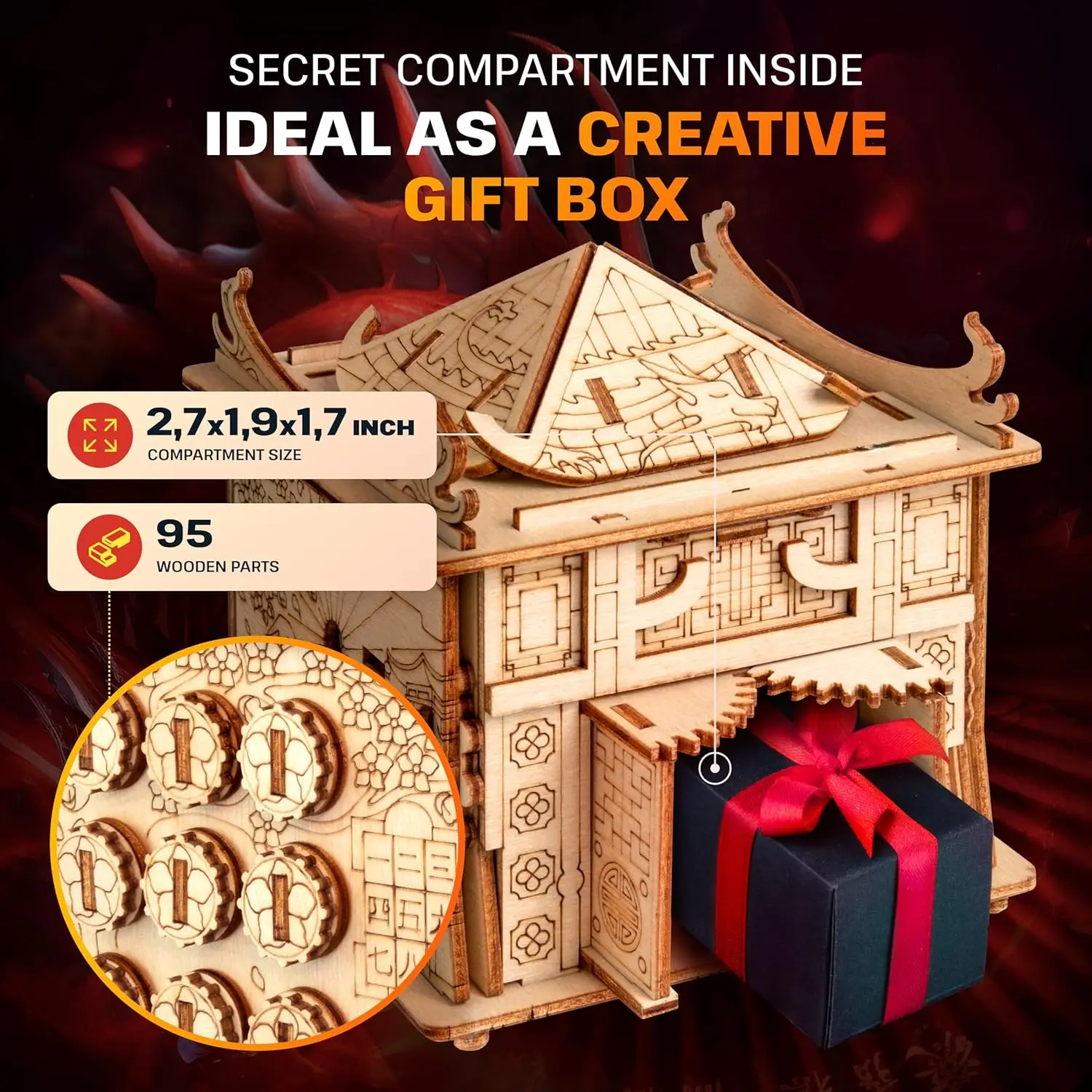 House of Dragon 3D Escape Puzzle Box - Brain Teaser for Adults & Teens - Wooden Escape Room Game with Hidden Compartment