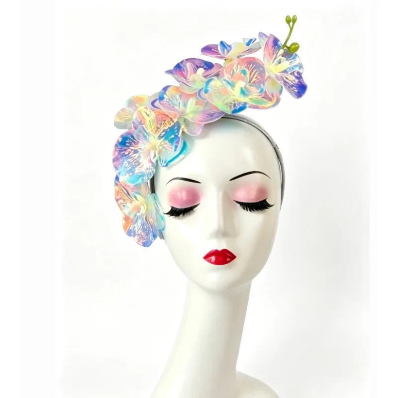 Iridescent Orchid Fascinator Headband, Floral Hair Accessory for Wedding Race Day Polo Match, Elegant Women Headpiece