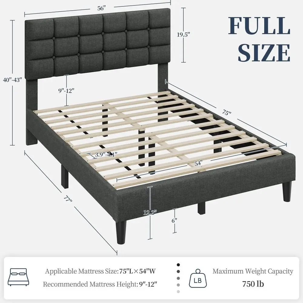 

Upholstered Bed Frame, Modern Full Bed Platform with Square StitchedampButton Tufting Headboard Height Adjustable, Wooden Slats