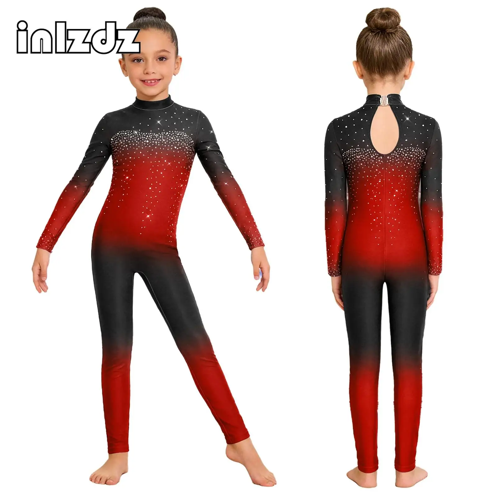 

Kids Girls Gymnastics Dance Gradient Color Jumpsuit Performance Competition Wear Long Sleeve Rhinestones Bodysuit for Stage Show