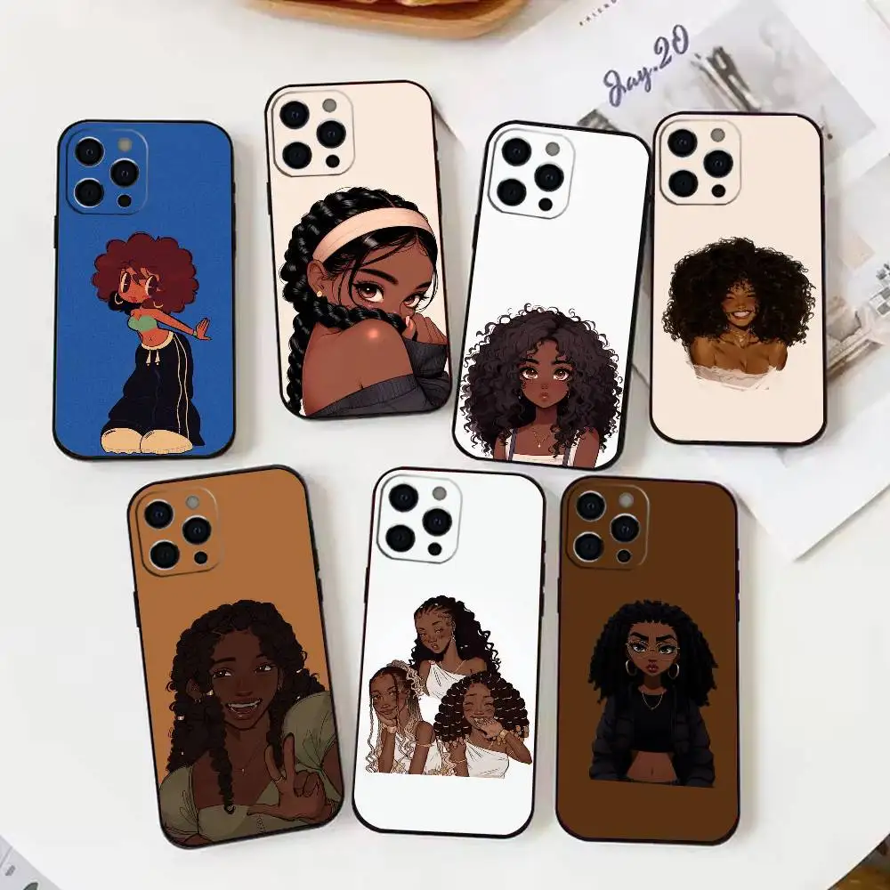Schwarzes Mädchen A-afro Cartoon Handyhülle für iPhone 17,16,15,14,13,12 Plus, Max Weiche Silikon-Schutzhülle in Schwarz