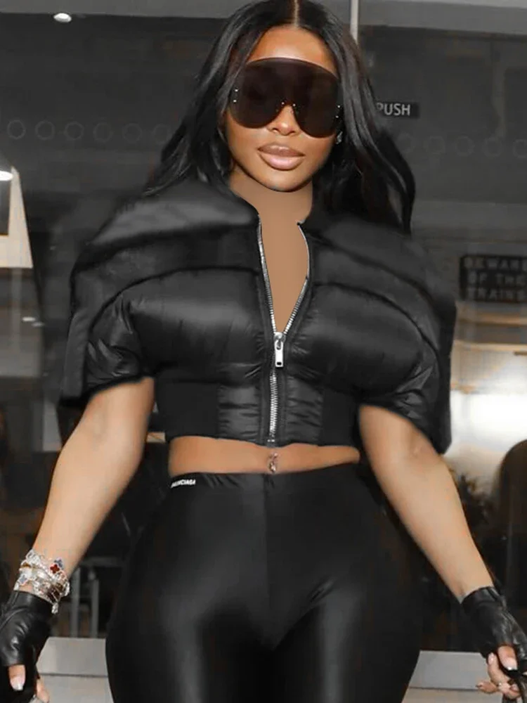 

Draped Winter Women Puffer Solid Warmth Casual Zip-up Half Sleeve Skinny Crop Jackets Female Fashion Concise Basic Outwear