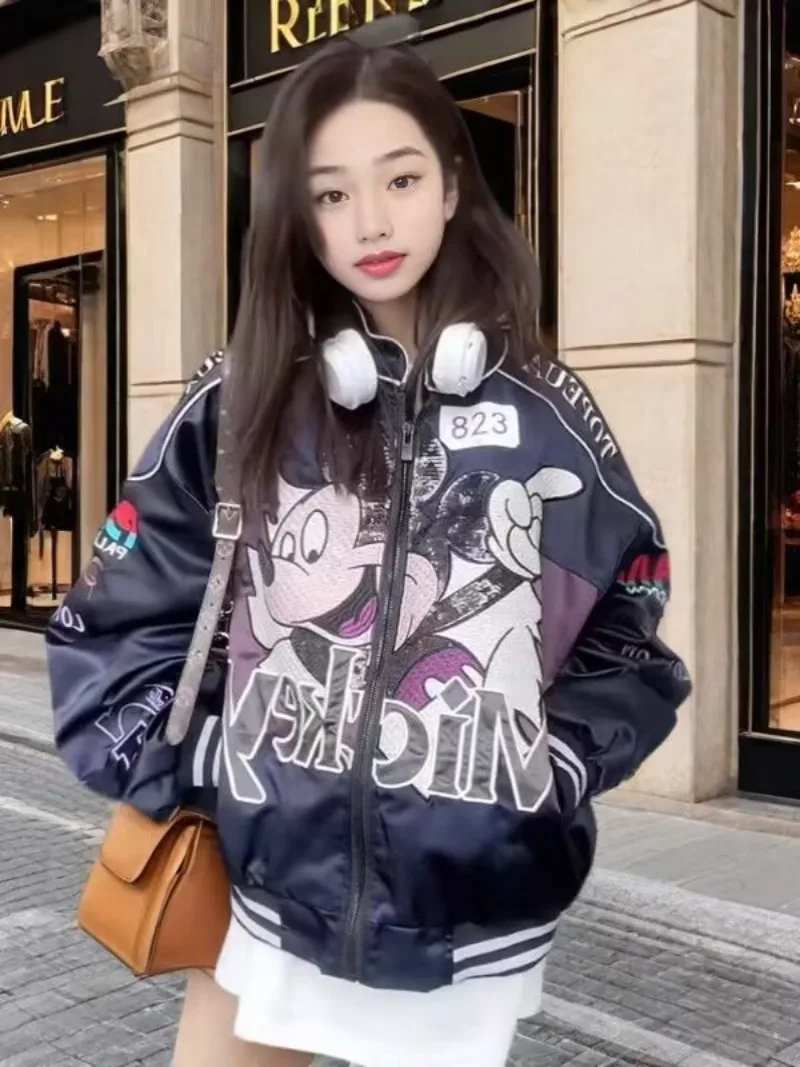 Europeu de alta qualidade primavera outono nova mickey carta bordado jaqueta para mulheres estilo universitário lantejoulas dos desenhos animados roupas femininas