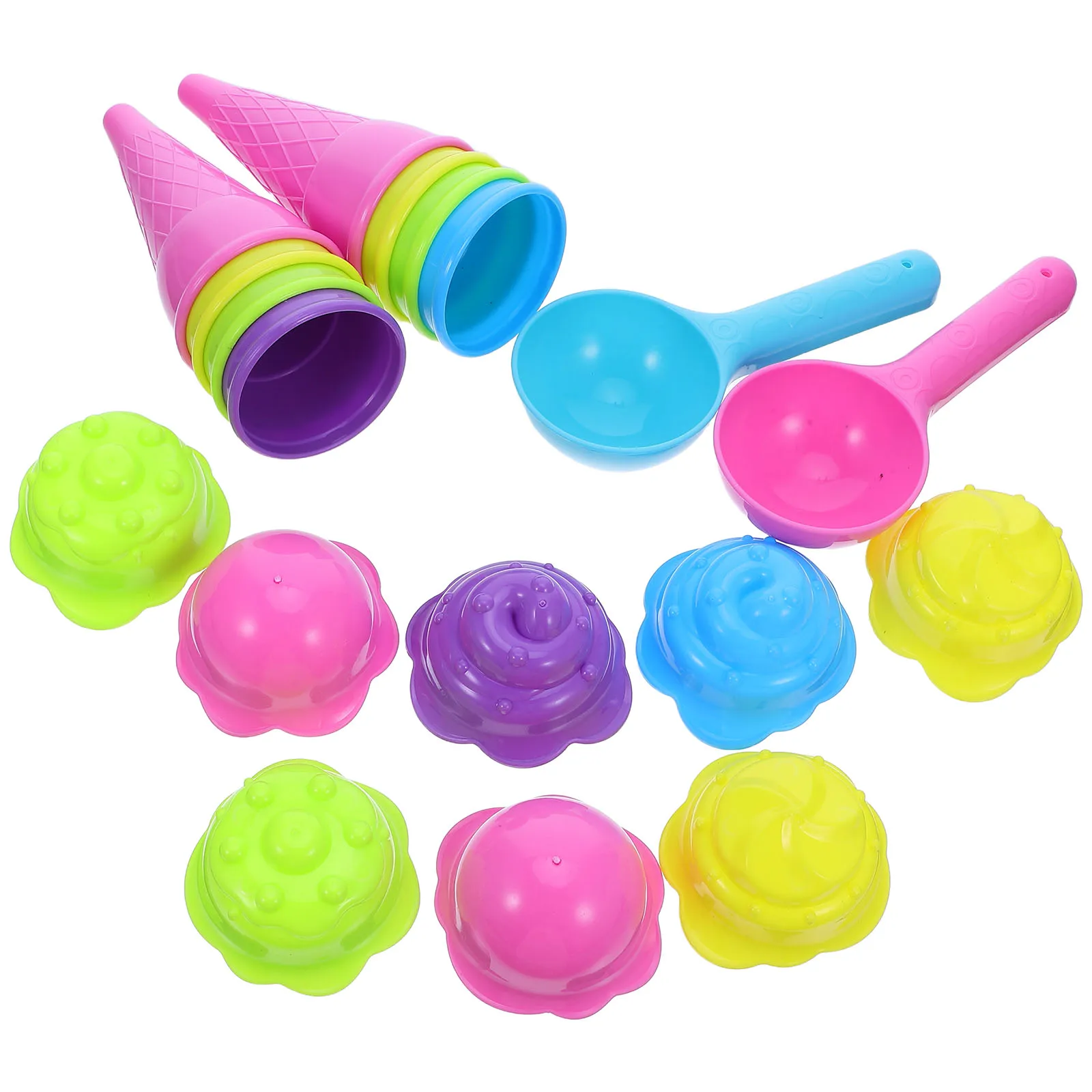 2 conjuntos de cones de sorvete de plástico crianças praia areia brinquedos cones de sorvete copos e colher ao ar livre à beira-mar brinquedos para crianças para