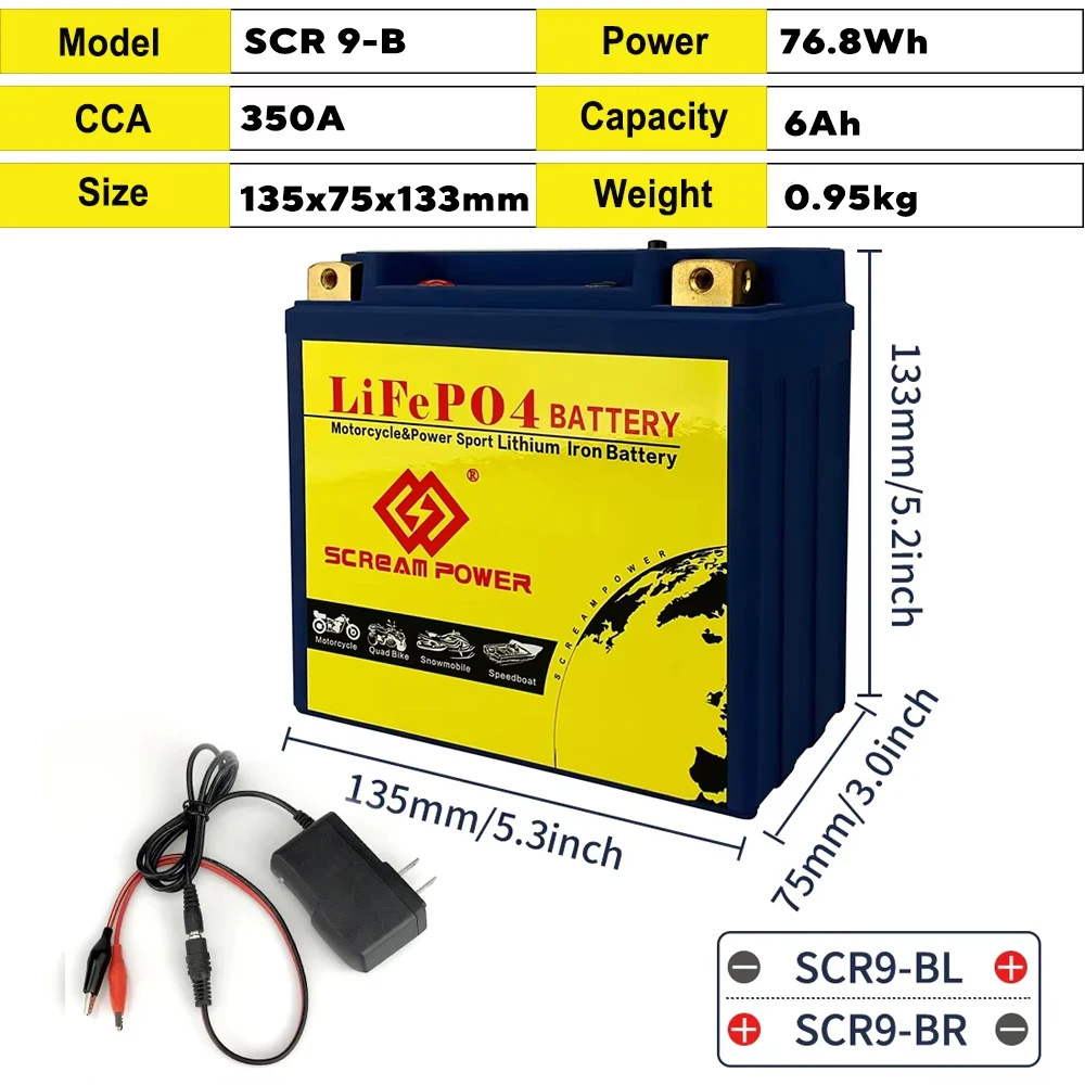 9-B 12V 6Ah 350A CCA Motorcycle Battery Built in BMS Rechargeable Maintenance Free for ATV UTV Jet Ski Snowmobile Quad Motor