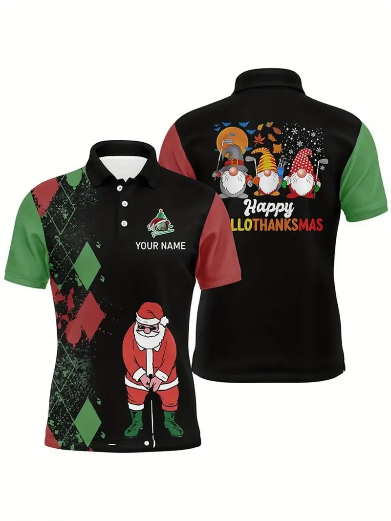 أزياء سانتا كلوز الرسم الرجال قميص بولو في الهواء الطلق جولف الرياضة قصيرة الأكمام التلبيب قمم عيد الميلاد موضوع عارضة مريحة أعلى #5