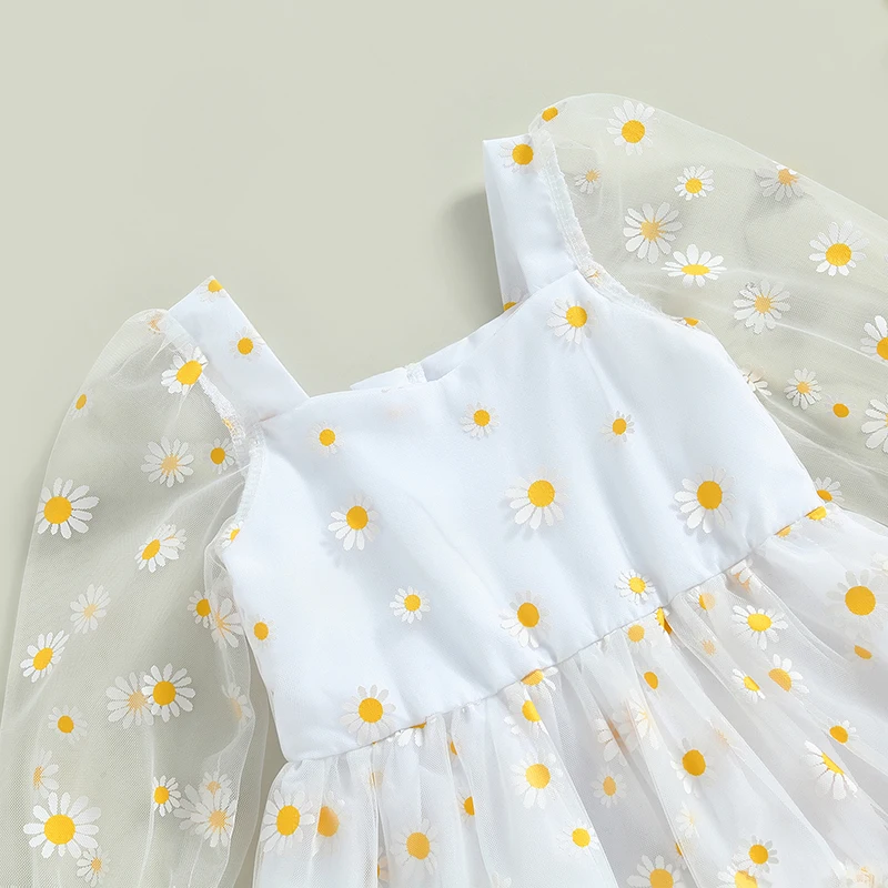 Cute Toddler Baby Girl Princess Dress Elegant Daisy Print Long Sleeves Mesh Tulle Party A-Line Dress for Toddler 3M-3Y