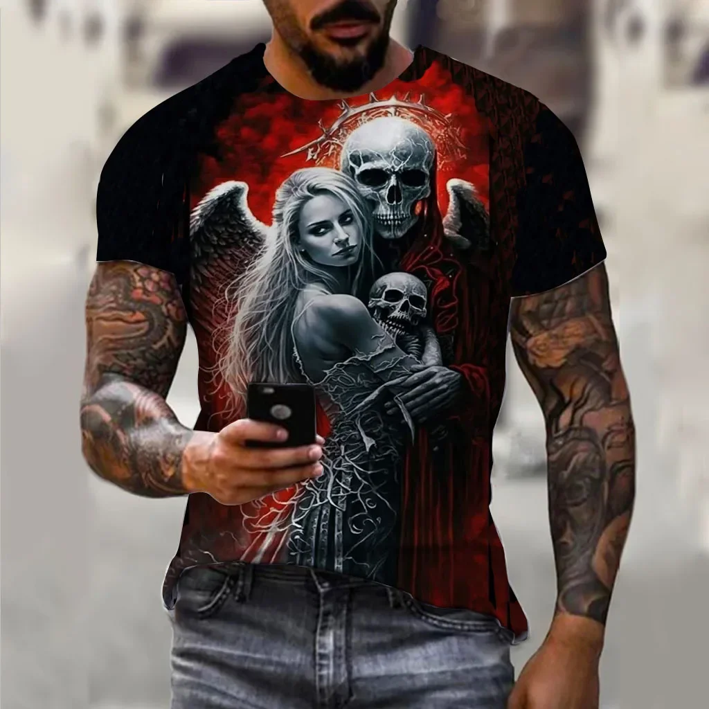 2024 Summer New Fashion Retro T-shirt Man Horror Undead Skull Pattern 3D Printed Short Sleeve Fashion Oversized T-shirt Casual W