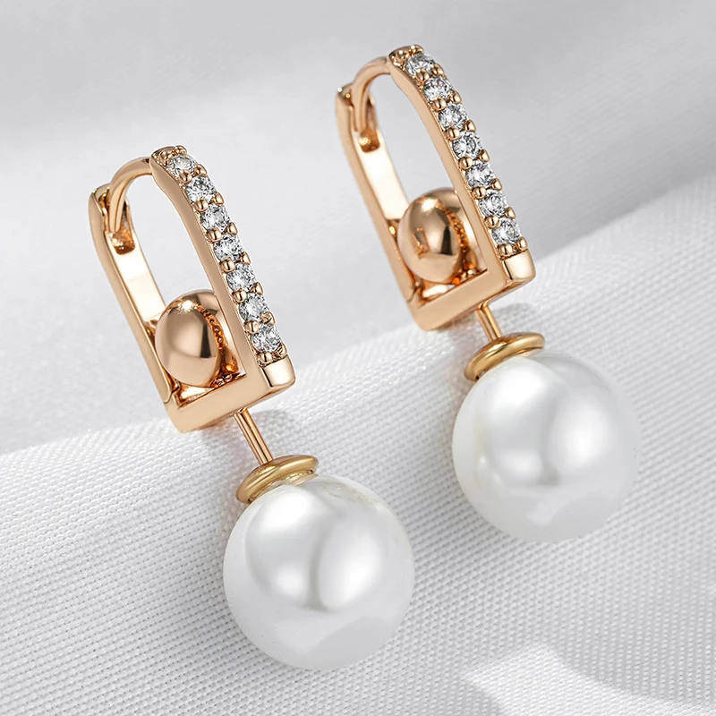 Wbmqda Unique Pearl Drop Earrings For Women 585 Rose Gold Color With White Natural Zircon 2023 Trendy Jewelry Accessories