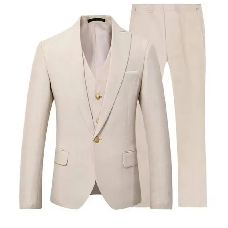 

2025 New Design Beige Linen Suit for Men 3 Pieces Formal Wedding Prom Set Slim Fit Jacket Best Man Groom Tuxedos Costume Homme