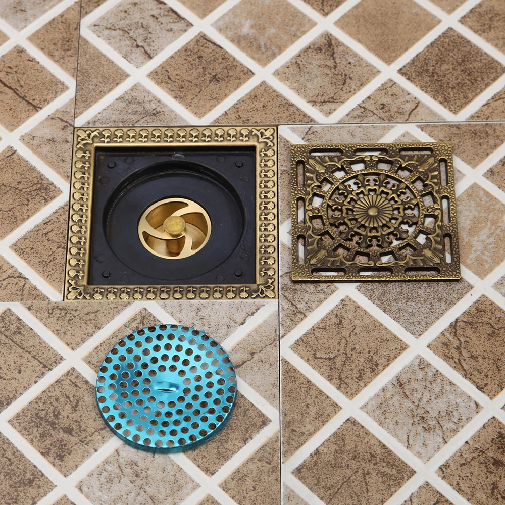 

Torayvino Antique Brass Floor Drain Bathroom Floor Drain Household Art Carved Flower Floor Drain Shower Square Drain Strainer