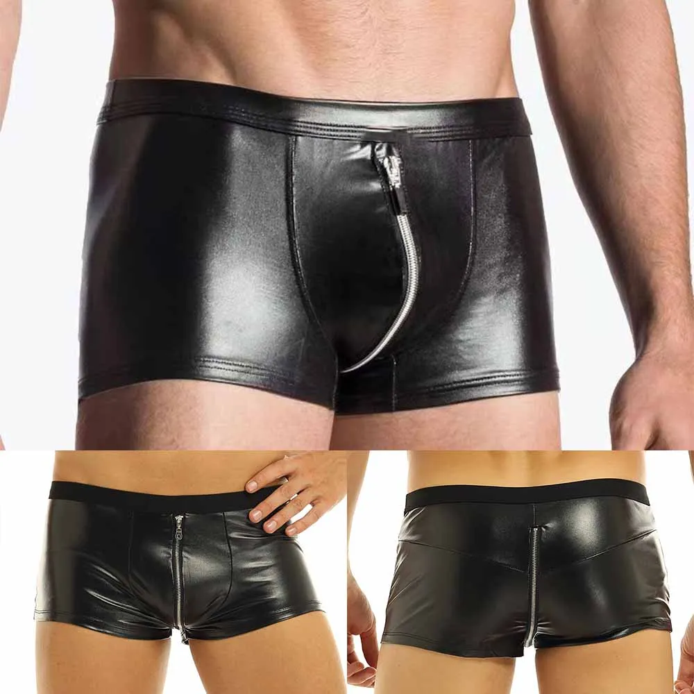 Zipper Boxershorts Men Faux Leather Low Rise Underwear Boxer Briefs Shorts U Pouch Underpants Sissy Panties Hot Sale Lingerie