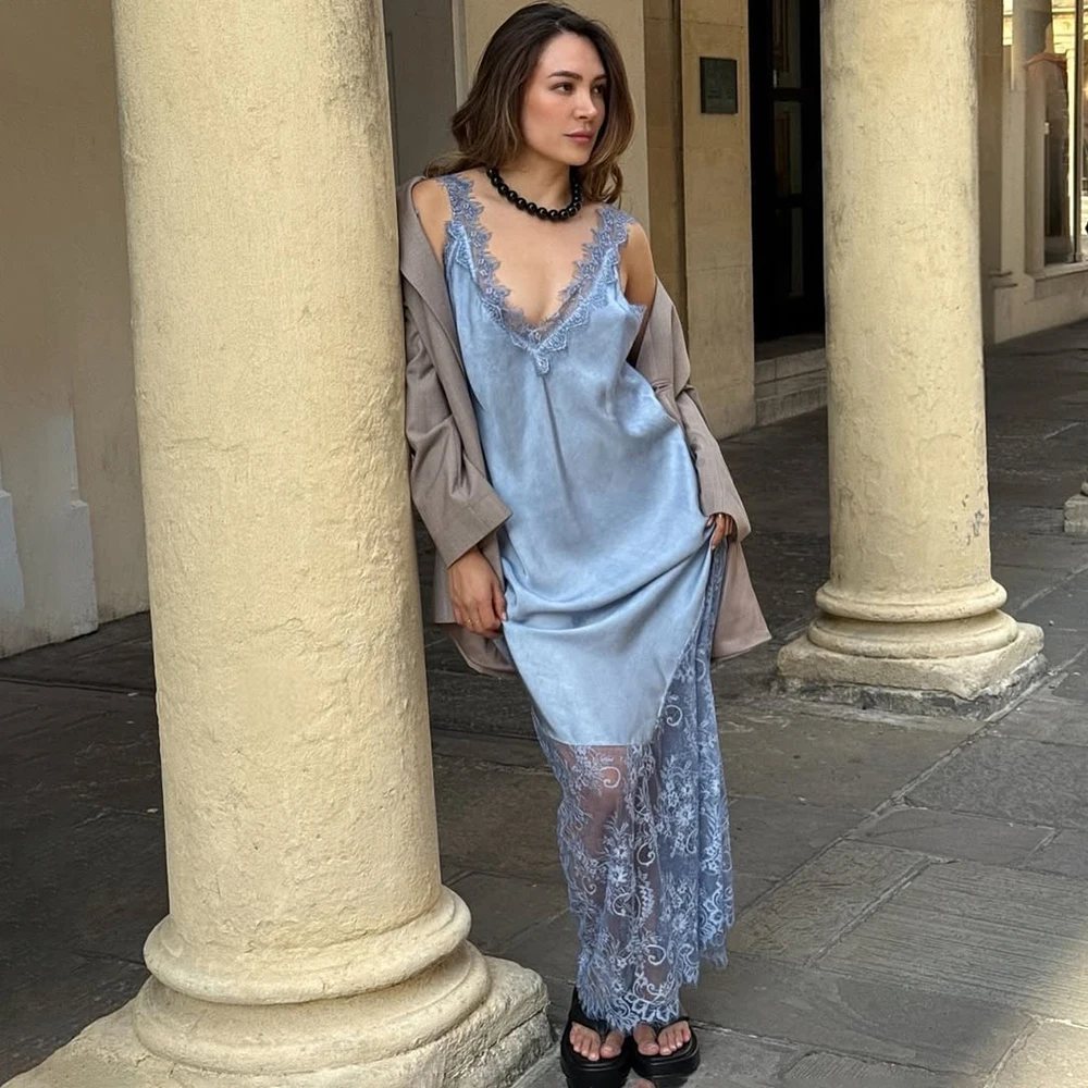 Ticketsx Sexy Lace Patchwork Dress Women V Neck See Through Sleeveless Long Dress Elegant High Street Backless Evening Dress