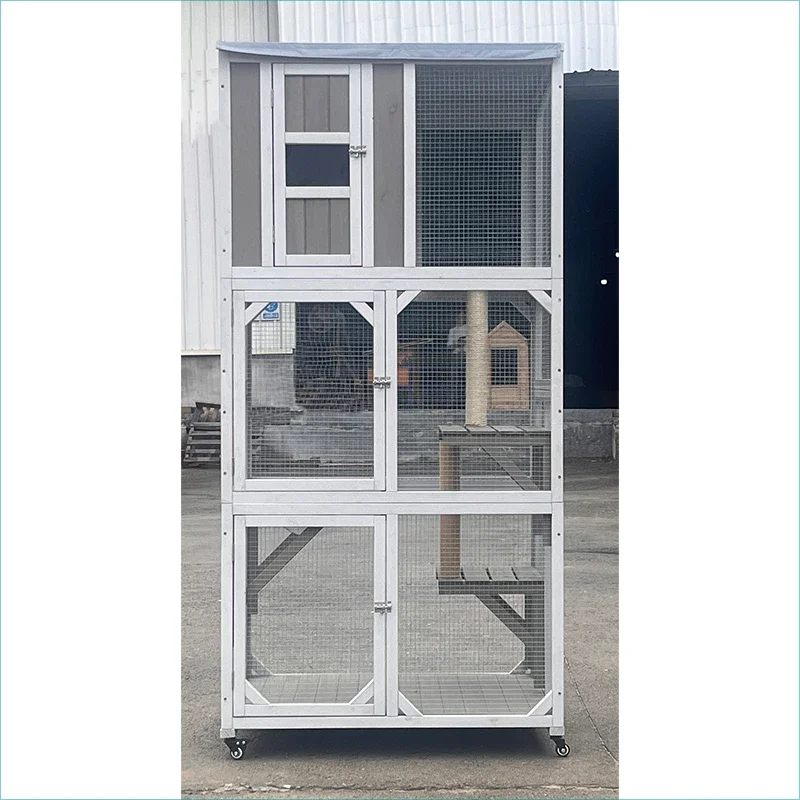 a forWholesale Large Space Pet Cage Wooden Outdoor Waterproof Cat Villa House With Cat Scratching Board Wood Cat Cage view 2