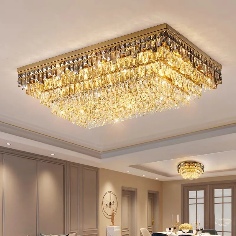 Trendy Luxury Crystal LED Ceiling Chandelier Rectangualr Round Gold Chrome Lamparas Room Decor Ceiling Lamp For Living Room