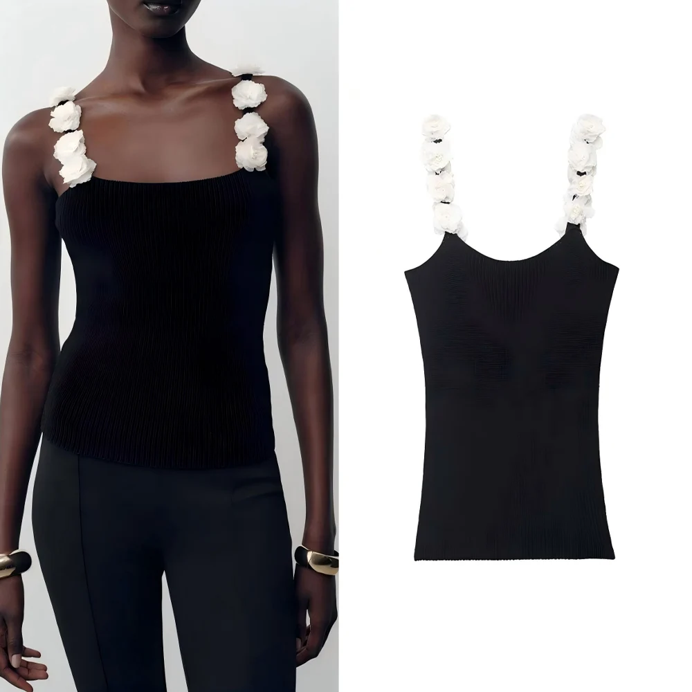

Women's new fashion floral suspender decoration elastic slim knit top retro sleeveless women's vest chic top