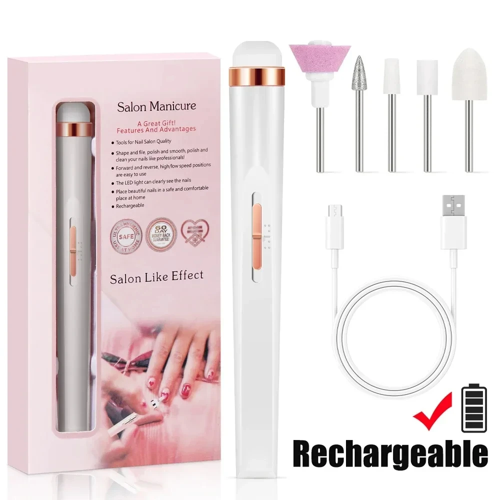 5-in-1 elektrisches Nagelbohrer-Set, wiederaufladbar, kabellos, tragbar, Maniküre, Nagellack, Schleifwerkzeug für Gel-Entferner, Nagelkunst