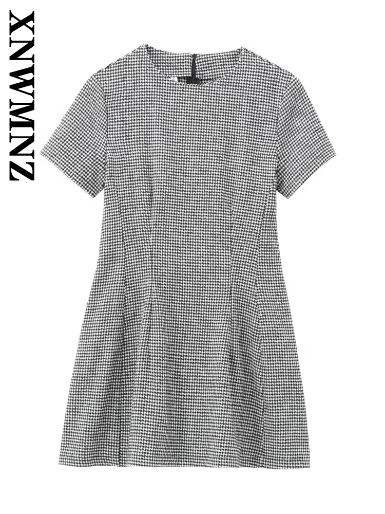 XNWMNZ Woman's 2024 Autumn Vintage Ruffles O-Collar Dresses Female Fashion Casual zipper Gingham Short Sleeve Mini Skirt Dress