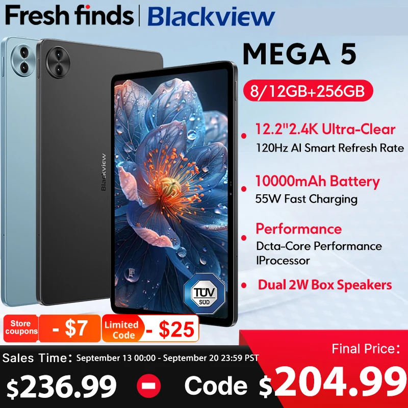 【世界初公開】Blackview MEGA 5 AIタブレット 12.2インチ 2.4K 120Hzディスプレイ 12GB 256GB 10000mAh 55W充電 4G Android 16 PCパッド