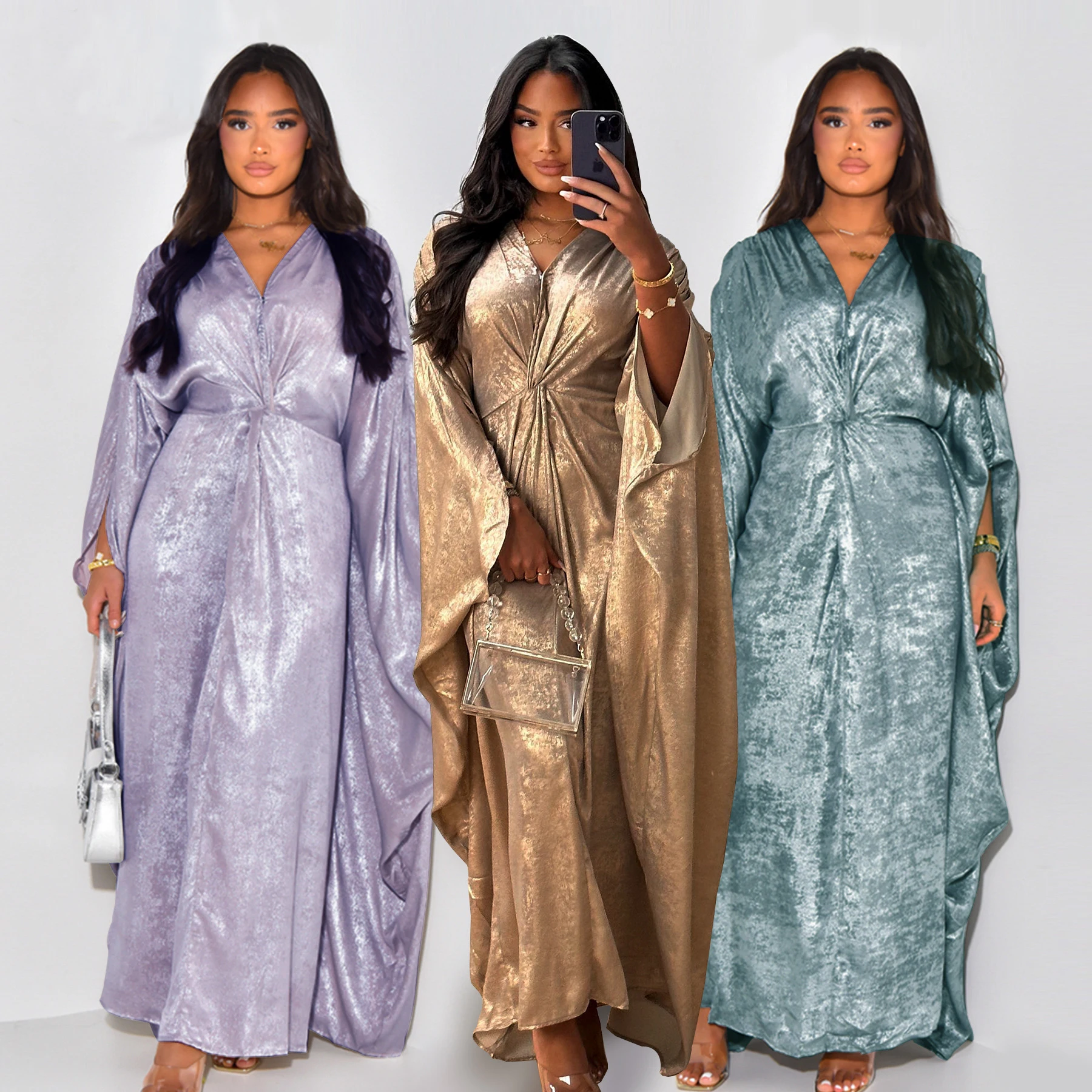 New Arrival UAE Dubai Luxury Shiny Abaya Batwing Sleeve Design Kimono Kaftan Closed Abaya Women Muslim Dress Robes Islamic Women