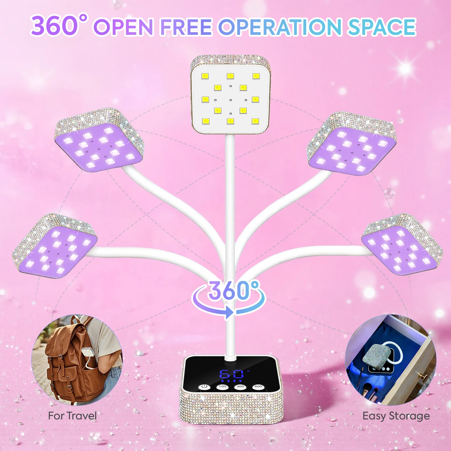 Lampada per unghie ricaricabile a LED UV Lampada polimerizzante senza fili con 360 °   Collo di cigno regolabile e 3 impostazioni timer per unghie in gel