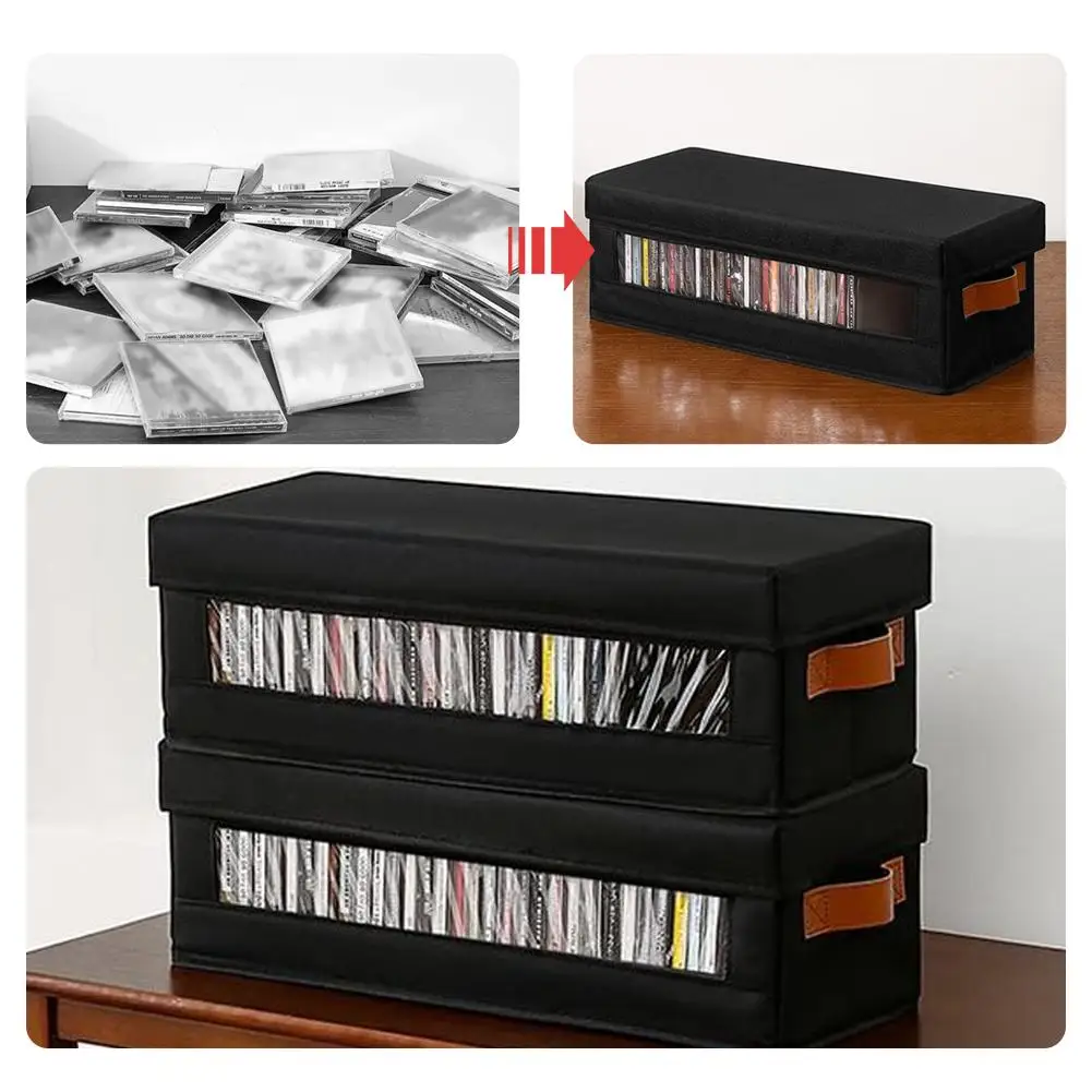 CD Storage Box With Visible Window Stackable CD Case Holder Dustproof Lid & Handles 15.75x6.1x5.31