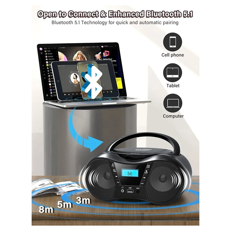 أفضل مشغل أقراص مضغوطة محمول بلوتوث Boombox مشغل أقراص مضغوطة AM/FM راديو ستيريو، متوافق مع راديو CD/CD-R/RW للمنزل
