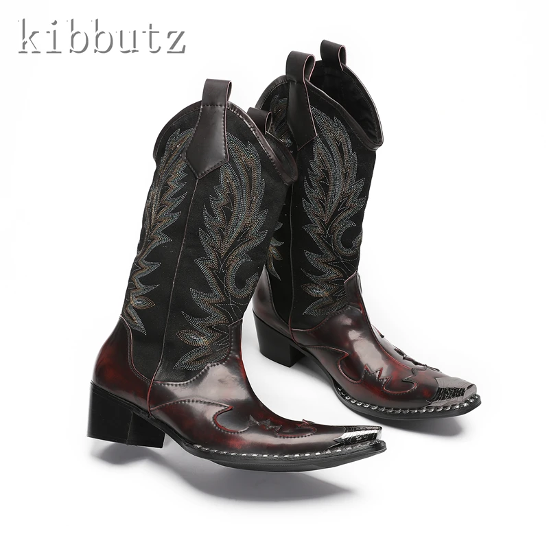 Luxury Design Metal Toe Embroidered Men Boots Winter New Genuine Leather Rivets High Heels Mid Calf Cowboy Boots