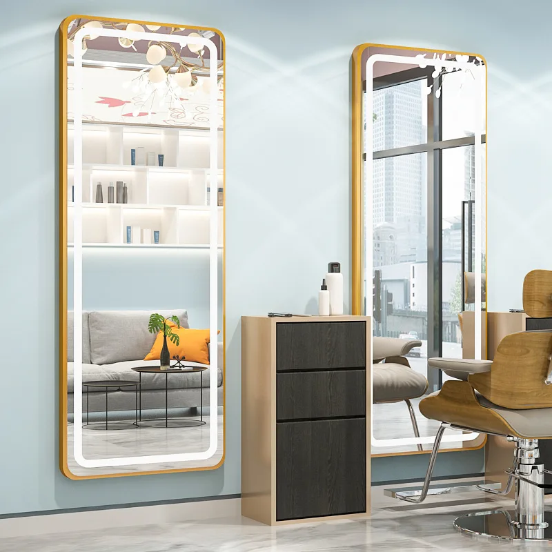 

Barber shop mirror with lamp hair salon special hair salon mirror table wall hanging Internet celebrity tide store touch