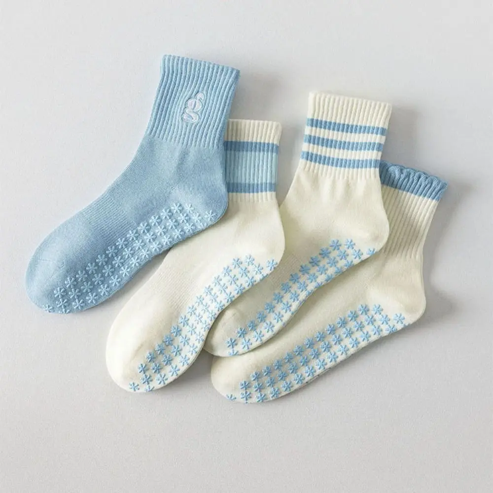 Cute Cotton Pilates Socks for Women Non-Slip Grip Breathable Yoga Socks Pink Blue High-elastic Mid Tube Socks for Yoga Dance