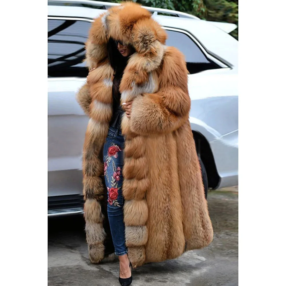 Plus Size Fashion Daily Coat Loose Brown Hooded Long Sleeve Casual Winter Faux Fur Coat Long Sleeve Pullover Coat