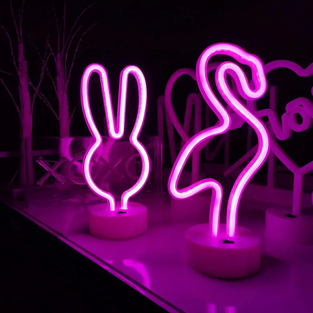 LED Neon Light Creative Shape USB/Battery Operated Animal Themed Flamingo Rabbit Neon Sign Lamp Desktop Decor