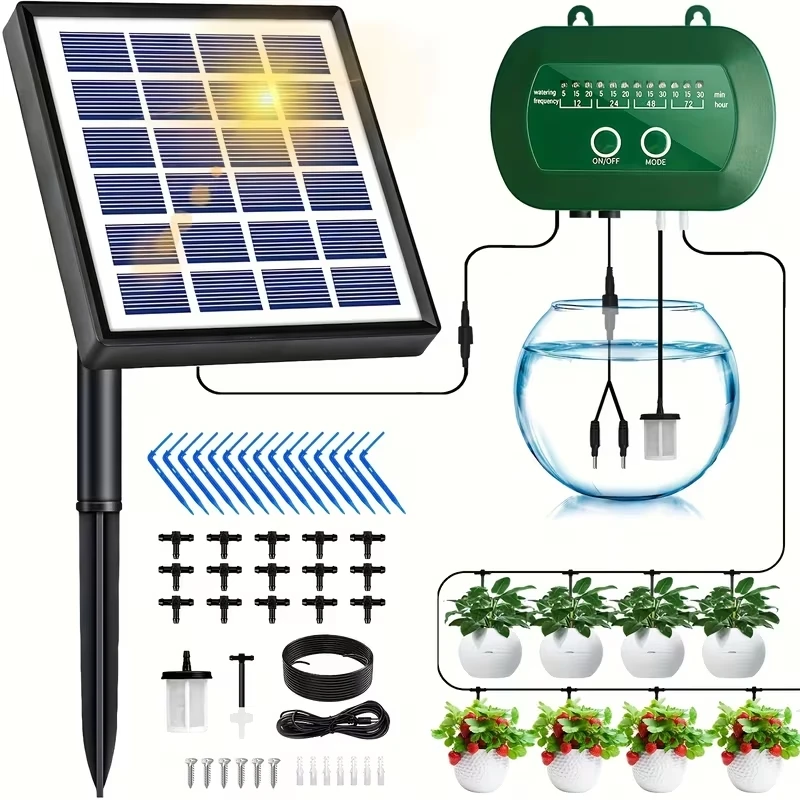 Solar Automatic Watering Kit for Garden, Drip Irrigation Watering System with 15 m Watering Hose, Balconies, Flower Pots, Plants