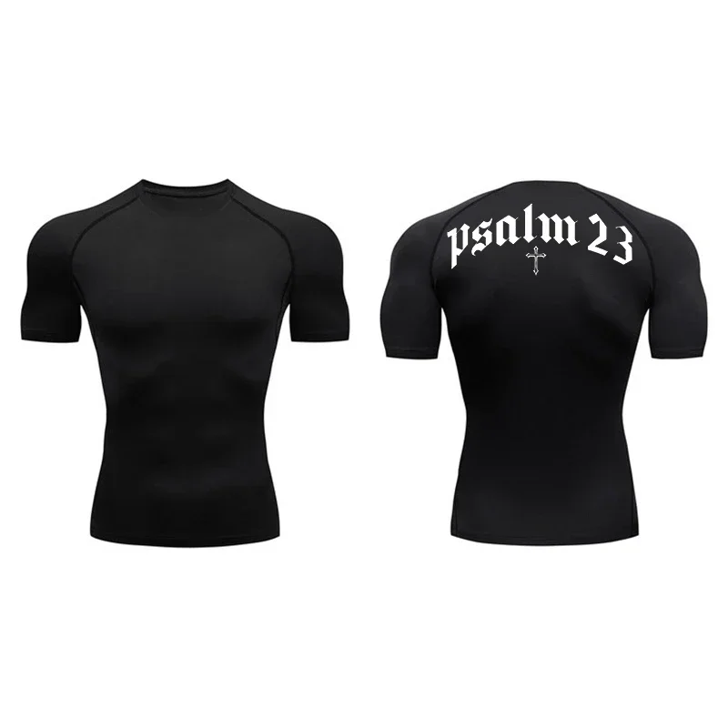 2024 Psalm 23 Cross Print Men's Sports Quick-Drying T-Shirt Tops Gym Workout Fitness Compression Shirt Short Sleeve S-3XL