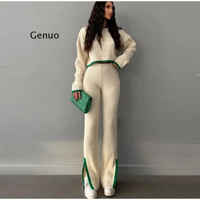 

Knit Two Piece Set Women Casual Panelled Side Split Trouser Suits Female 2023 Spring Crop Sweater High Waist Ladies Suits