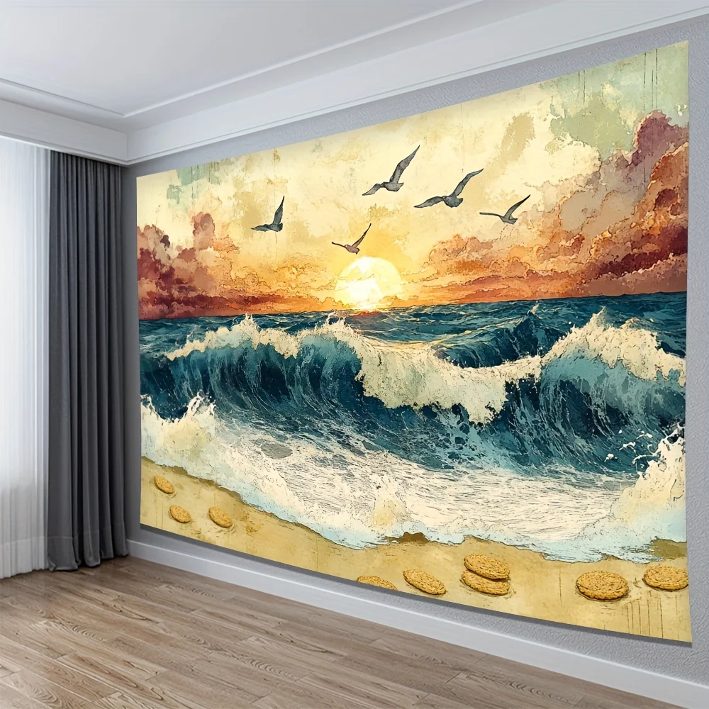 Tapisserie murale captivante avec vagues océaniques au coucher du soleil, décoration de plage côtière, œuvre d'art nautique, grande taille 150x300cm, pour salon