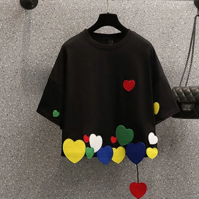 

Summer New Round Neck Fashion Short Sleeve T-shirt Women High Street Casual Loose Pullovers Personality Cotton All-match Tops