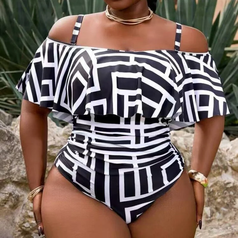 Plus Size One Piece Swimsuit Women Off Shoulder Ruffle Sleeve Geometric Print Ruched Bathing Suit