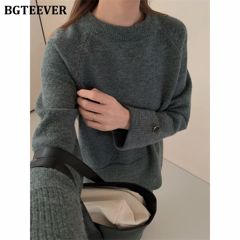 BGTEEVER Autumn Winter Elegant Ladies 2 Pieces Knitted Sweater Set O-neck Long Sleeve Pullovers & High Waist Straight Skirts