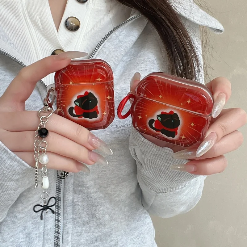 

Funny Cute Black Cat Earphone Case For Apple Airpods 4 3 2 Pro 3 Protective Cover with Pendant Cartoon Headphone Cases Silicone